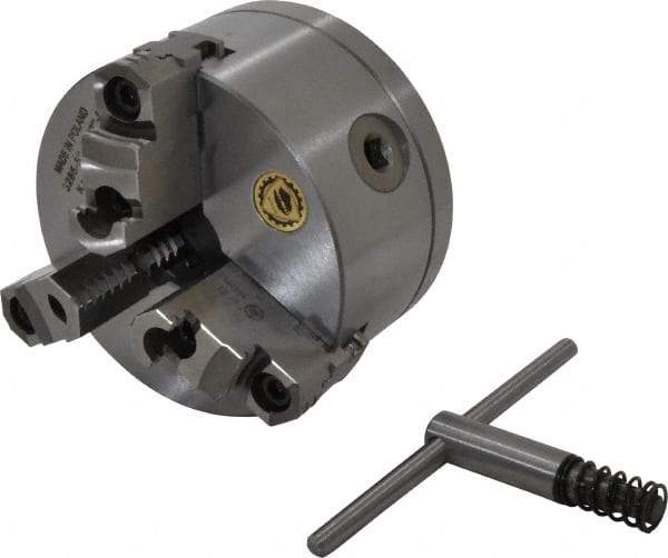 Bison - 3 Jaws, 5" Diam, Self Centering Manual Lathe Chuck - 1-1/2 - 8" Spindle Mount, Reversible, 3,200 Max RPM, 1.2598" Through Hole Diam, 0.0008" Axial Runout, 0.0012" Radial Runout, Cast Iron - Makers Industrial Supply