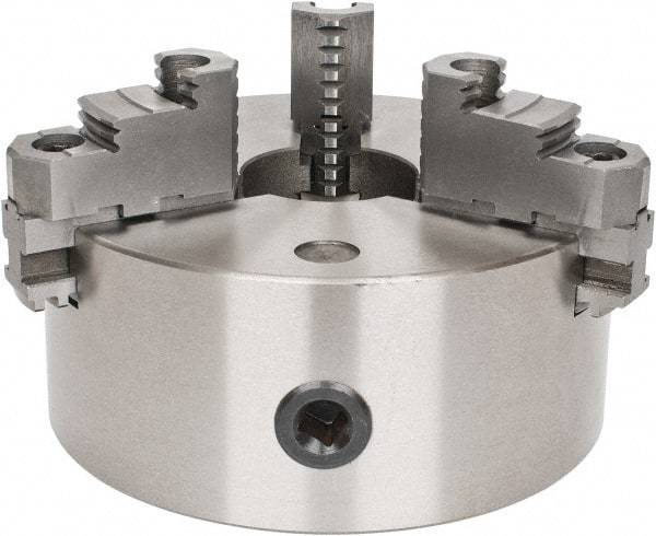 Interstate - 3 Jaws, 8" Diam, Self Centering Manual Lathe Chuck - D1-4 Mount Spindle, Reversible, 1.9685" Through Hole Diam, Cast Iron - Makers Industrial Supply