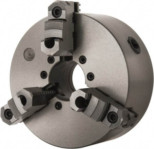 Interstate - 3 Jaws, 8" Diam, Self Centering Manual Lathe Chuck - D1-6 Mount Spindle, Reversible, 1.9685" Through Hole Diam, Cast Iron - Makers Industrial Supply