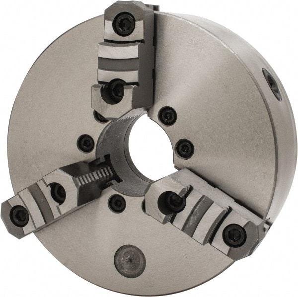 Interstate - 3 Jaws, 10" Diam, Self Centering Manual Lathe Chuck - D1-6 Mount Spindle, Reversible, 2.7559" Through Hole Diam, Cast Iron - Makers Industrial Supply