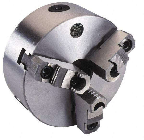 Interstate - 3 Jaws, 10" Diam, Self Centering Manual Lathe Chuck - Plain Back Mount Spindle, Reversible, 3.1496" Through Hole Diam, 0.003" Axial Runout, Cast Iron - Makers Industrial Supply