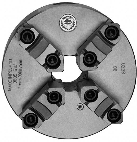 Bison - 4 Jaws, 10" Diam, Self Centering Manual Lathe Chuck - Plain Back Mount Spindle, Reversible, 2,000 Max RPM, 2.9921" Through Hole Diam, 0.0012" Axial Runout, 0.0016" Radial Runout, Cast Iron - Makers Industrial Supply