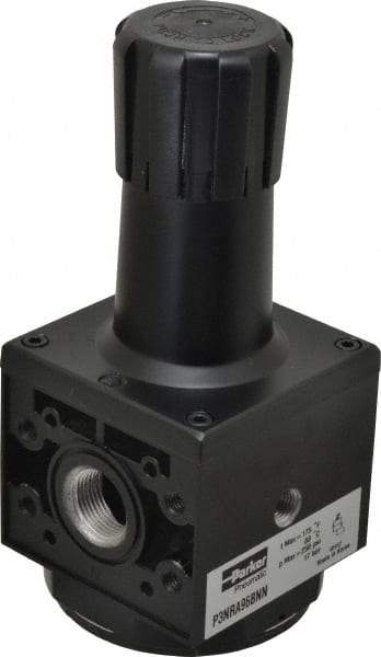 Parker - 3/4 NPT Port, 200 CFM, Aluminum Heavy-Duty Regulator - 2 to 125 psi Range, 250 Max psi Supply Pressure, 1/4" Gauge Port Thread, 3.62" Wide x 8.46" High - Makers Industrial Supply