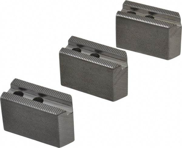 H & R Manufacturing - 5" Chuck Capacity, 1.5mm x 60° Serrated Attachment, Square Soft Lathe Chuck Jaw - 3 Jaws, Steel, 0.708" Btw Mount Hole Ctrs, 2-5/16" Long x 1" Wide x 1-1/2" High, 0.395" Groove, 8mm Fastener - Makers Industrial Supply