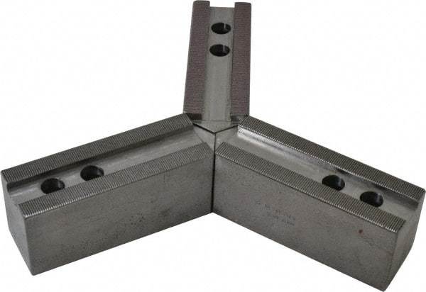 H & R Manufacturing - 12" & Up Chuck Capacity, 1.5mm x 60° Serrated Attachment, Square Soft Lathe Chuck Jaw - 3 Jaws, Steel, 1.181" Btw Mount Hole Ctrs, 6-1/4" Long x 2" Wide x 2-1/2" High, 0.827" Groove, 0.6299" & 16mm Fastener - Makers Industrial Supply