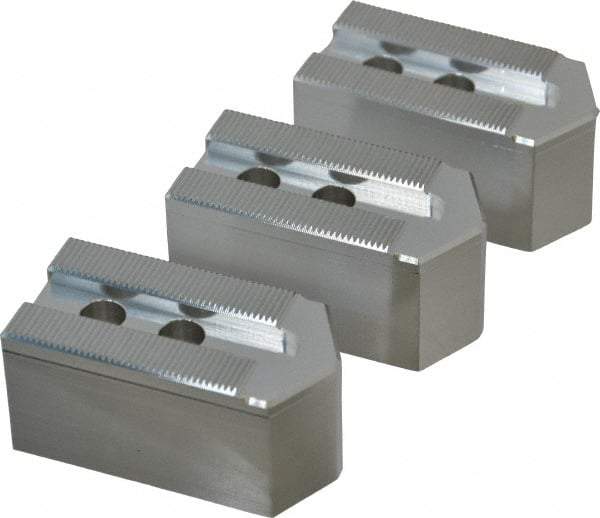 Masterman & Kovil - 6" Chuck Capacity, 1.5mm x 60° Serrated Attachment, Square Soft Lathe Chuck Jaw - 3 Jaws, Aluminum, 0.787" Btw Mount Hole Ctrs, 3mm Long x 1-1/2" Wide x 1-1/2" High, 0.473" Groove, 10mm Fastener - Makers Industrial Supply