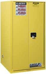 Justrite - 2 Door, 5 Shelf, Yellow Steel Standard Safety Cabinet for Flammable and Combustible Liquids - 65" High x 34" Wide x 34" Deep, Manual Closing Door, 3 Point Key Lock, 96 Gal Capacity - Makers Industrial Supply