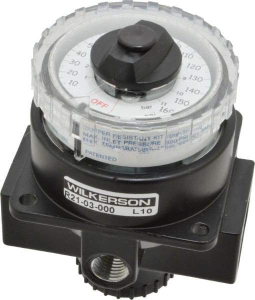 Wilkerson - 3/8 NPT Port, 180 CFM, Zinc Dial Air Regulator - 5 to 160 psi Range, 300 Max psi Supply Pressure, 1/4" Gauge Port Thread, 3.2" Wide x 4.19" High - Makers Industrial Supply