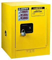 Justrite - 1 Door, 1 Shelf, Yellow Steel Bench Top Safety Cabinet for Flammable and Combustible Liquids - 22" High x 17" Wide x 17" Deep, Manual Closing Door, 4 Gal Capacity - Makers Industrial Supply