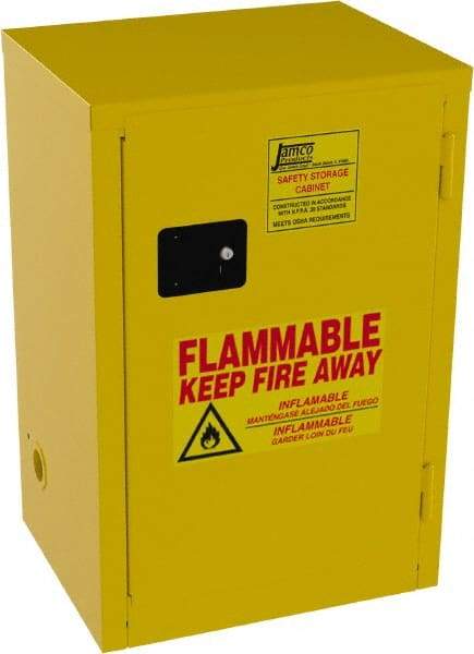 Jamco - 1 Door, 1 Shelf, Yellow Steel Space Saver Safety Cabinet for Flammable and Combustible Liquids - 35" High x 23" Wide x 18" Deep, Manual Closing Door, 3 Point Key Lock, 12 Gal Capacity - Makers Industrial Supply