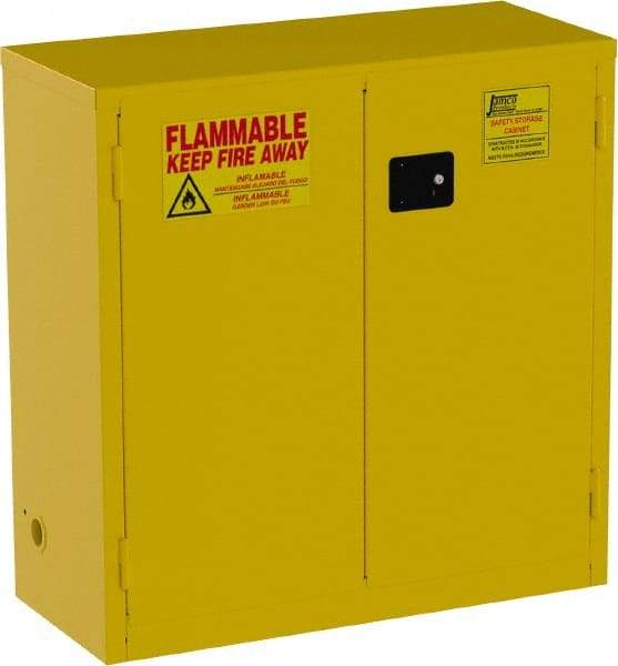 Jamco - 2 Door, 1 Shelf, Yellow Steel Standard Safety Cabinet for Flammable and Combustible Liquids - 44" High x 43" Wide x 18" Deep, Manual Closing Door, 3 Point Key Lock, 30 Gal Capacity - Makers Industrial Supply