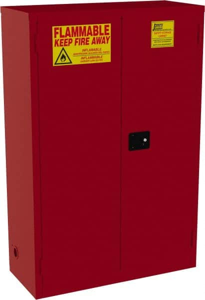 Jamco - 2 Door, 5 Shelf, Red Steel Standard Safety Cabinet for Flammable and Combustible Liquids - 65" High x 43" Wide x 18" Deep, Manual Closing Door, 3 Point Key Lock, 72 Gal Capacity - Makers Industrial Supply