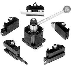 Dorian Tool - Series DA Tool Post Holder & Set for 17 to 32" Lathe Swing - 6 Piece, Through Coolant, Includes (5) Holders, Tool Post - Exact Industrial Supply