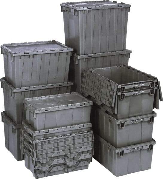 Quantum Storage - 1.42 Cu Ft, 75 Lb Load Capacity Gray Polyethylene Attached-Lid Container - Stacking, Nesting, 22.1" Long x 12.6" Wide x 11.9" High, Lid Included - Makers Industrial Supply