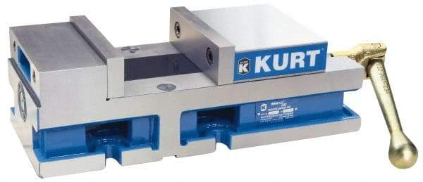 Kurt - 6" Jaw Width, 4" Jaw Opening Capacity, Horizontal Stationary Machine Vise - Manual Operation, 6,356 Lb Capacity, 1 Station, 14.88" Long x 4.6720" High x 1-31/64" Deep, 1.735" Jaw Height, 80 Lb Max Clamp Force - Makers Industrial Supply