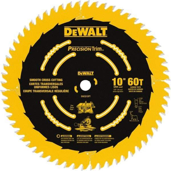 DeWALT - 10" Diam, 5/8" Arbor Hole Diam, 60 Tooth Wet & Dry Cut Saw Blade - Carbide-Tipped, Crosscut & Smooth Action, Standard Round Arbor - Makers Industrial Supply