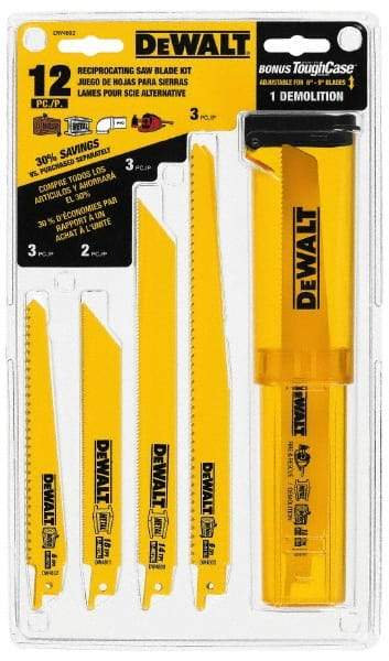 DeWALT - 12 Piece, 6" to 9" Long x 0.035" to 0.062" Thick, Bi-Metal Reciprocating Saw Blade Set - Straight and Tapered Profile, 6 to 24 Teeth per Inch, Angled Tip - Makers Industrial Supply