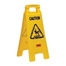 Rubbermaid - Caution, 11" Wide x 25" High, Plastic Floor Sign - English/French/Spanish, A-Frame, Black on Yellow, For Restroom, Janitorial & Housekeeping - Makers Industrial Supply