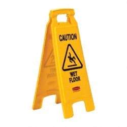 Rubbermaid - Caution - Wet Floor, 11" Wide x 25" High, Plastic Floor Sign - A-Frame, Black on Yellow, For Accident Prevention - Makers Industrial Supply