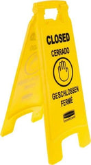 Rubbermaid - Closed, 11" Wide x 25" High, Plastic Floor Sign - English/French/German/Spanish, A-Frame, Black on Yellow, For Restroom, Janitorial & Housekeeping - Makers Industrial Supply