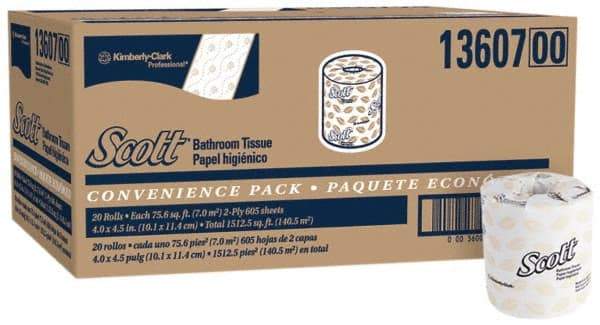 Scott - 4" Sheet Width, Standard Roll Toilet Tissue - 605 Sheets per Roll, 2 Ply, White, Recycled Fiber - Makers Industrial Supply