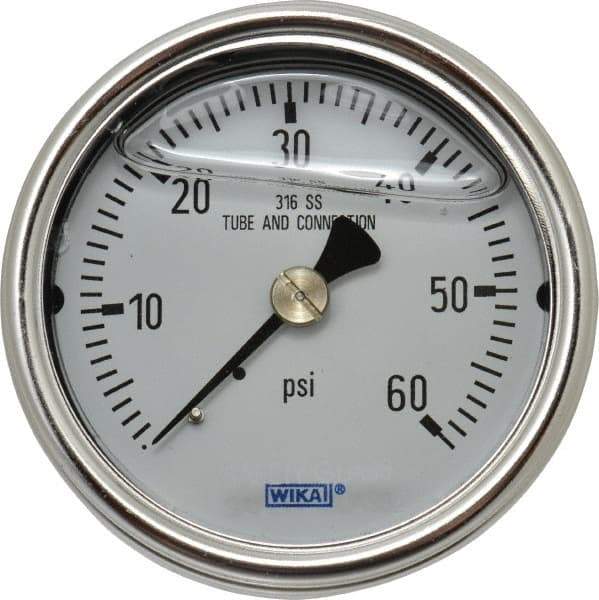 Wika - 2-1/2" Dial, 1/4 Thread, 0-60 Scale Range, Pressure Gauge - Center Back Connection Mount, Accurate to 2-1-2% of Scale - Makers Industrial Supply