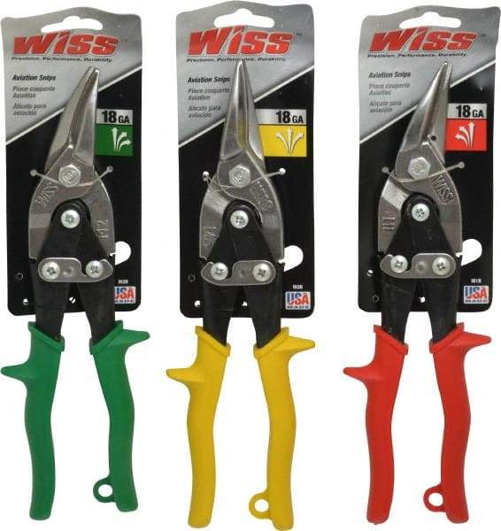 Wiss - 3 Piece Aviation Snip Set - Left, Right, Straight, 9-3/4" OAL, 1-3/8" LOC - Makers Industrial Supply