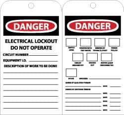 NMC - 4" High x 7-3/8" Long, DANGER - ELECTRICAL LOCKOUT - DO NOT OPERATE, English Safety & Facility Lockout Tag - Tag Header: Danger, 2 Sides, Black, Red & White Unrippable Vinyl - Makers Industrial Supply