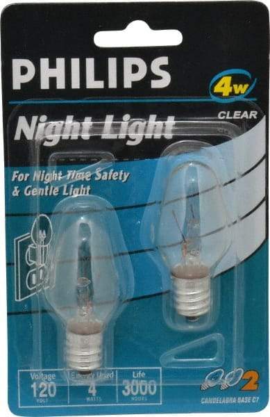 Philips - 4 Watt Incandescent Residential/Office Candelabra Screw Lamp - 2,700°K Color Temp, 16 Lumens, 120 Volts, Dimmable, C7, 3,000 hr Avg Life - Makers Industrial Supply