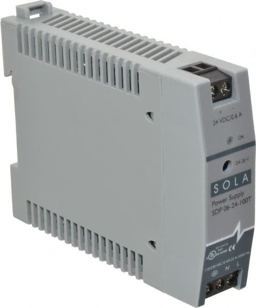 Sola/Hevi-Duty - 100 Watt, 0.60 Amp, 264 VAC, 375 VDC Input, 24 to 28 VDC Output, DIN Rail Power Supply - Screw Terminal Connection, 1 Output, 0.9 Inch Wide x 3.8 Inch Deep x 2.95 Inch High, Up to 80% Efficiency, 14 to 140°F, Green LED Display - Makers Industrial Supply