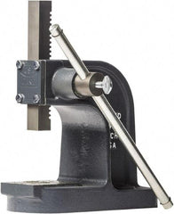 Dake - 1" Ram, 3-1/2" Throat Depth, 1 Ton Manual Arbor Press - 4-1/2" Max Work Height x 7" Max Work Width, Single Leverage, 25:1 Leverage Ratio, 4-1/4" Base Width x 9-1/2" Base Depth - Makers Industrial Supply