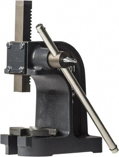 Dake - 1" Ram, 3-1/2" Throat Depth, 1 Ton Manual Arbor Press - 4-1/2" Max Work Height x 7" Max Work Width, Single Leverage, 25:1 Leverage Ratio, 4-1/4" Base Width x 9" Base Depth - Makers Industrial Supply