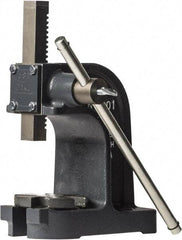 Dake - 1" Ram, 3-1/2" Throat Depth, 1 Ton Manual Arbor Press - 4-1/2" Max Work Height x 7" Max Work Width, Single Leverage, 25:1 Leverage Ratio, 4-1/4" Base Width x 9" Base Depth - Makers Industrial Supply