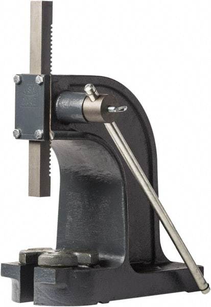 Dake - 1" Ram, 4-1/2" Throat Depth, 1-1/2 Ton Manual Arbor Press - 7-1/8" Max Work Height x 9" Max Work Width, Single Leverage, 32:1 Leverage Ratio, 6" Base Width x 14" Base Depth - Makers Industrial Supply