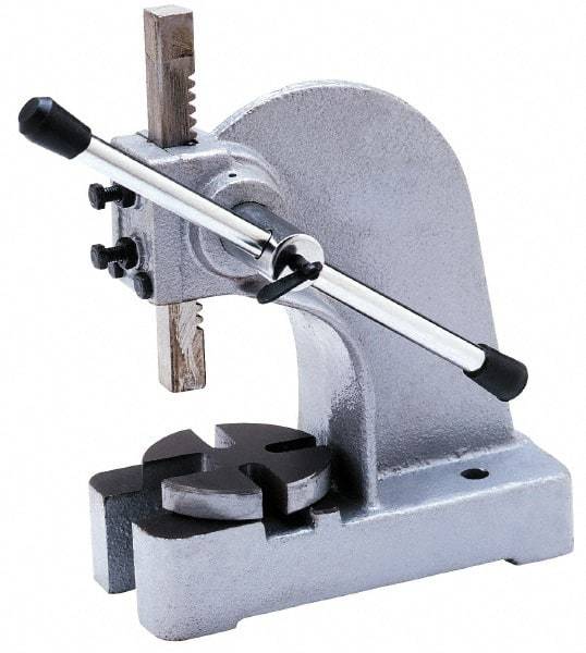 Interstate - 2-7/8" Ram, 9-7/16" Throat Depth, 5 Ton Manual Arbor Press - 18" Max Work Height x 18-7/8" Max Work Width, Single Leverage, 11" Base Width x 26" Base Depth - Makers Industrial Supply