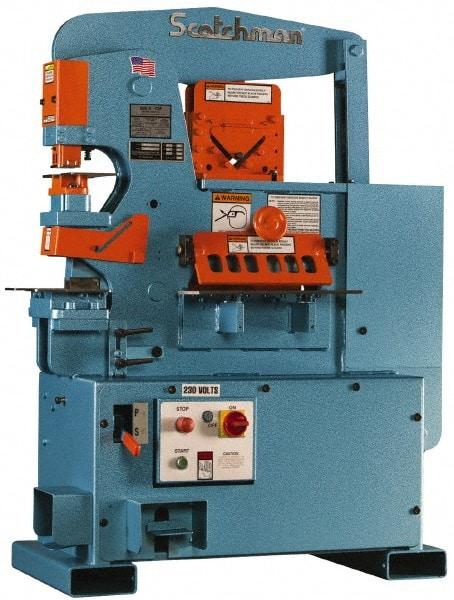 Scotchman - 12" Throat Depth, 90 Ton Punch Pressure, 1-1/8" in 1" Punch Capacity Ironworker - 5 hp, 3 Phase, 208/380/575 (Standard), 230 (Optional) & 230/240 (Standard) Volts, 76" Wide x 70" High x 26" Deep - Makers Industrial Supply