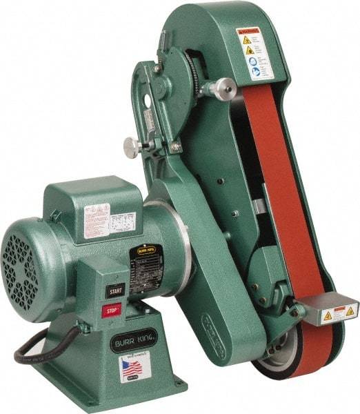 Burr King - 60 Inch Long x 2-1/2 Inch Wide Belt Grinder - 1-1/2 hp, 120/220 Volts, Vertical Belt, 800 to 8,000 Ft. per Min Belt Speed - Makers Industrial Supply