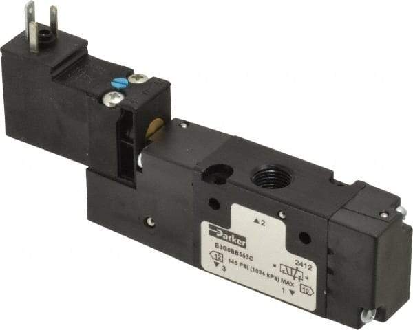 Parker - 1/8", 3-Way Body Ported Stacking Solenoid Valve - 24 VDC, 0.75 CV Rate, Air Return, 2.14" High x 4.2" Long - Makers Industrial Supply