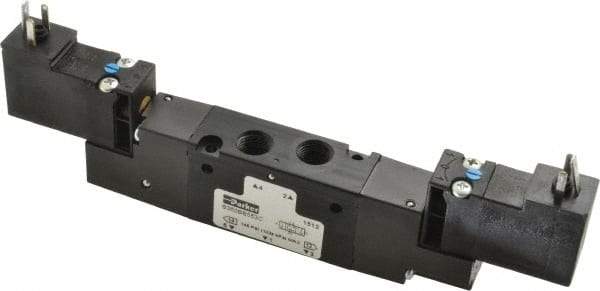 Parker - 4-Way Body Ported Stacking Solenoid Valve - 120 VAC, 0.6 CV Rate, 6.44" Long - Makers Industrial Supply