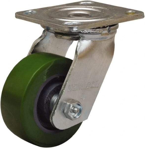 Hamilton - 4" Diam x 1-1/2" Wide x 5-5/8" OAH Top Plate Mount Swivel Caster - Polyurethane Mold onto Cast Iron Center, 550 Lb Capacity, Straight Roller Bearing, 4 x 4-1/2" Plate - Makers Industrial Supply