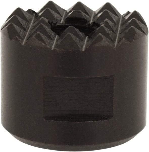 Fairlane - 1/4-28 Thread, 5/8" Diam, 1/2" High, Threaded, Fine Tooth Grade Diamond Serration Tooth Pattern, High Speed Steel, Round Positioning Gripper - 3/16" Flat Width, Black Oxide Coated - Makers Industrial Supply