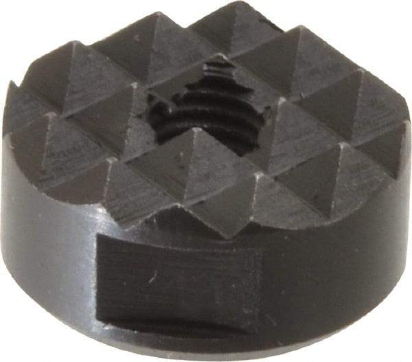 Fairlane - 1/4-28 Thread, 3/4" Diam, 3/8" High, Threaded, Coarse Tooth Grade Diamond Serration Tooth Pattern, High Speed Steel, Round Positioning Gripper - 3/16" Flat Width, Black Oxide Coated - Makers Industrial Supply