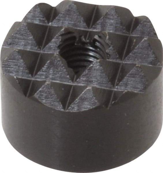 Fairlane - 1/4-28 Thread, 3/4" Diam, 1/2" High, Threaded, Coarse Tooth Grade Diamond Serration Tooth Pattern, High Speed Steel, Round Positioning Gripper - 3/16" Flat Width, Black Oxide Coated - Makers Industrial Supply