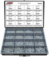 Value Collection - 1,025 Piece, #8x3/4 to 1/4x2, Steel Sheet Metal Screw Assortment - Hex Washer Head, Hex Drive, 1/2 to 2" Long, Zinc-Plated Finish - Makers Industrial Supply