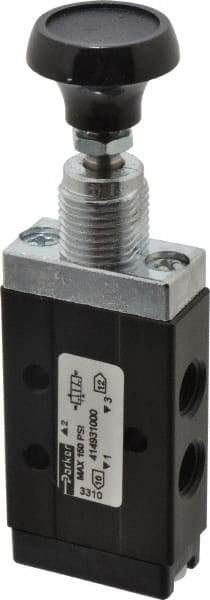 Parker - 0.20 CV Rate, 1/8" NPT Inlet Direct Air 2 Mechanical Spool Valve - 3 Way, 2 Position, Manual Return, Button Push Pull, 150 Max psi - Makers Industrial Supply