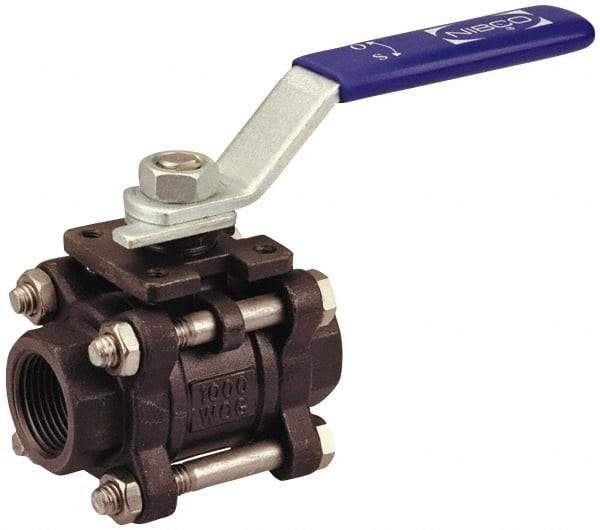 NIBCO - 3/4" Pipe, Full Port, Carbon Steel Standard Ball Valve - 3 Piece, Inline - One Way Flow, FNPT x FNPT Ends, Locking Lever Handle, 1,000 WOG - Makers Industrial Supply