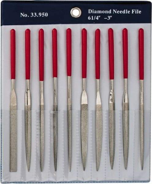 Grobet - 10 Piece Diamond Pattern File Set - 6-1/4" Long, Medium Coarseness, Set Includes Flat, Round, Square, Three Square - Makers Industrial Supply