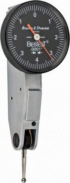 TESA Brown & Sharpe - 0.008 Inch Range, 0.0001 Inch Dial Graduation, Horizontal Dial Test Indicator - 1 Inch Black Dial, 0-4-0 Dial Reading - Makers Industrial Supply