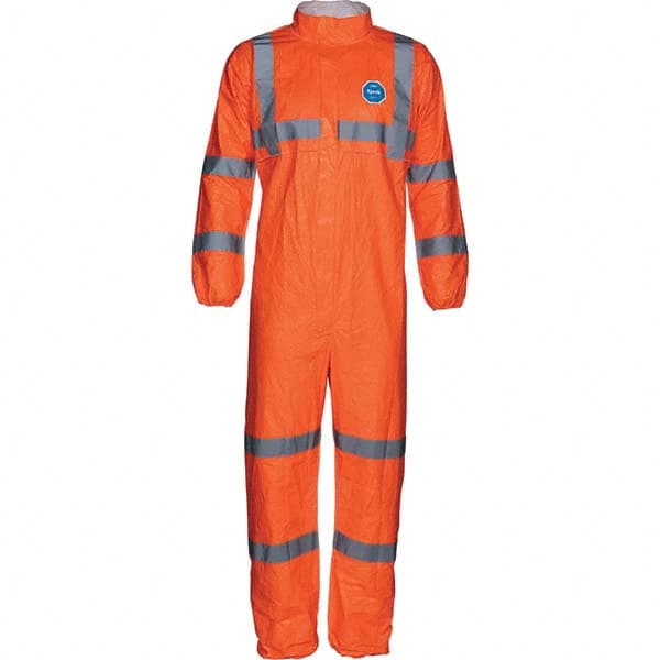 Disposable Coveralls: Size Medium, Tyvek, Zipper Closure Fluorescent Orange, Serged Seam, Elastic Cuff, Elastic Ankle, ISO Non-Cleanroom Class