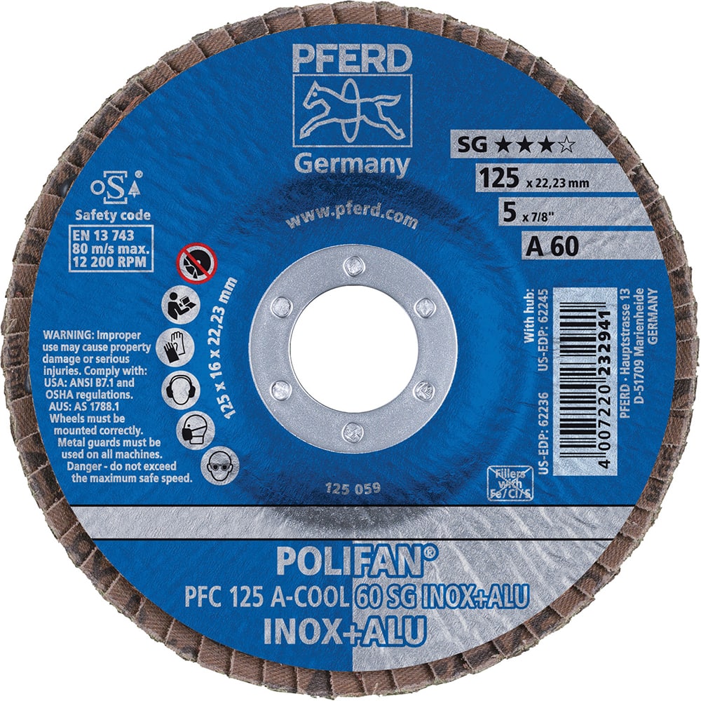 PFERD - Flap Discs; Abrasive Type: Coated ; Flap Disc Type: Type 29 ; Disc Diameter (Inch): 5 ; Abrasive Material: Aluminum Oxide ; Grit: 60 ; Attaching System: Arbor - Exact Industrial Supply